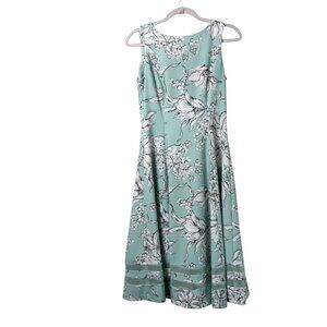 Calvin Klein Fit Flare Midi Dress Womens 4 Green White Floral Sheer Trim Zip